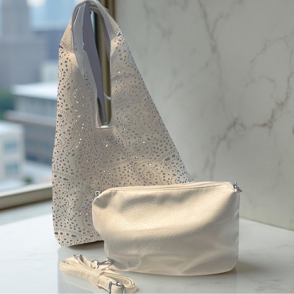 Laser Cut Vegan White Hobo & Crossbody 2 in 1 Bag